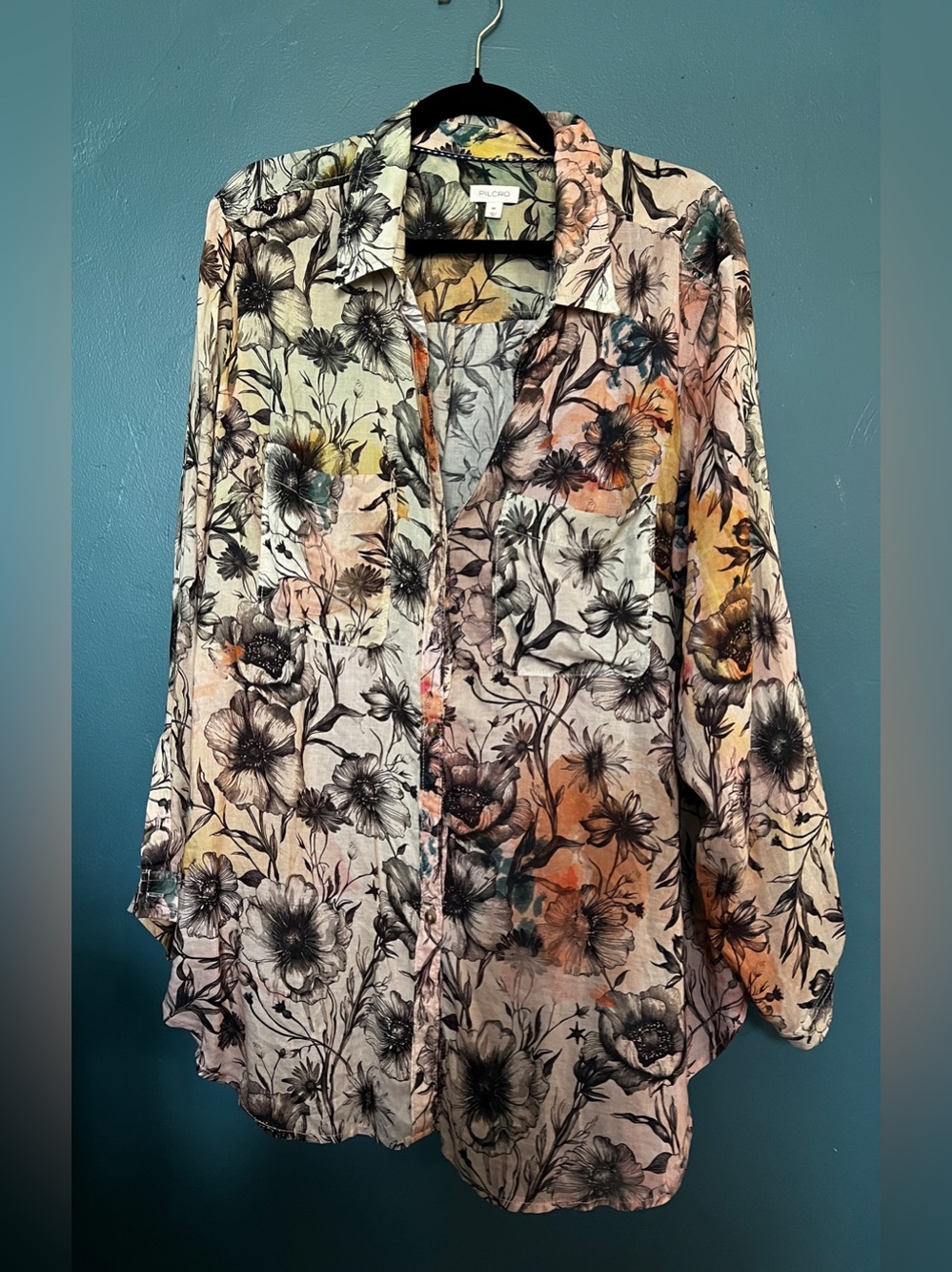 Anthropologie Romy Relaxed Buttondown Shirt by Pilcro 2x pink floral watercolor